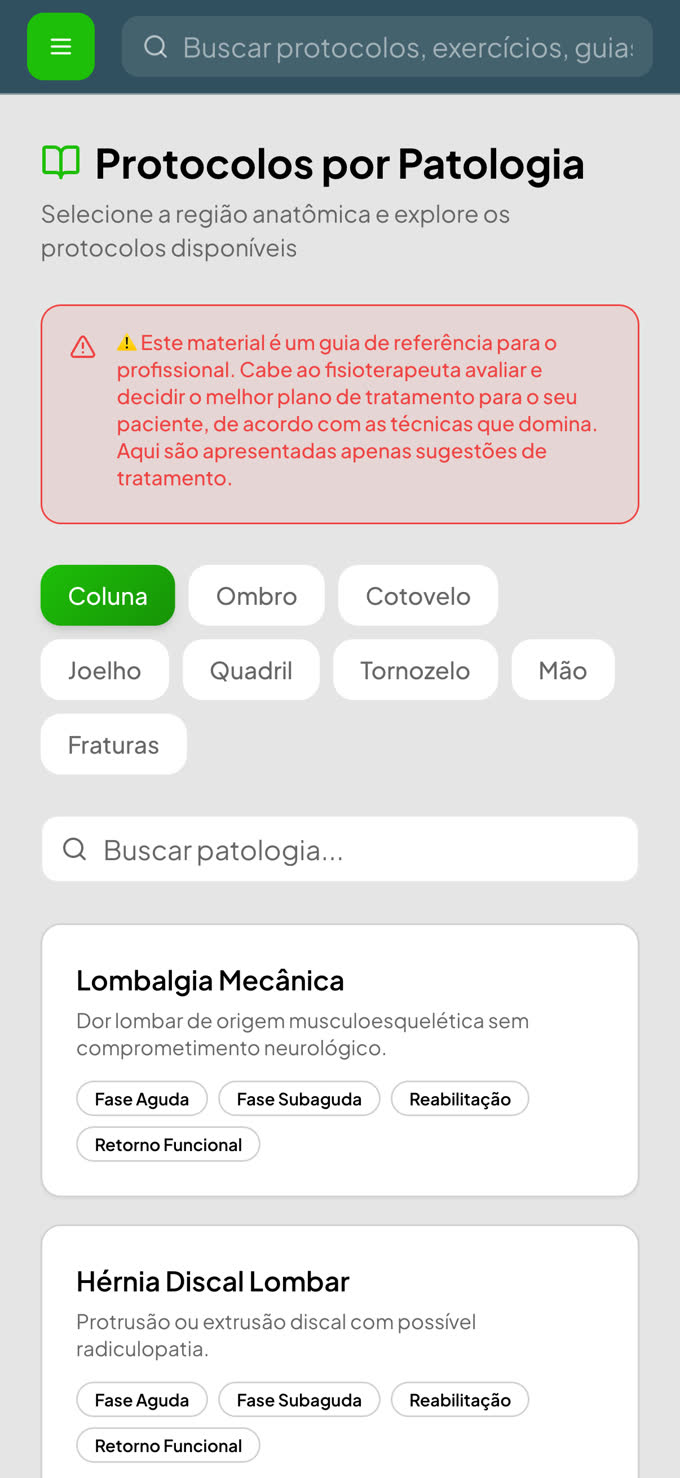 Tela do app com protocolos por patologia